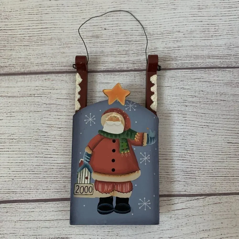 Wood Santa Clause Sled Christmas Ornament Hand Painted Birdhouse Snow 2000